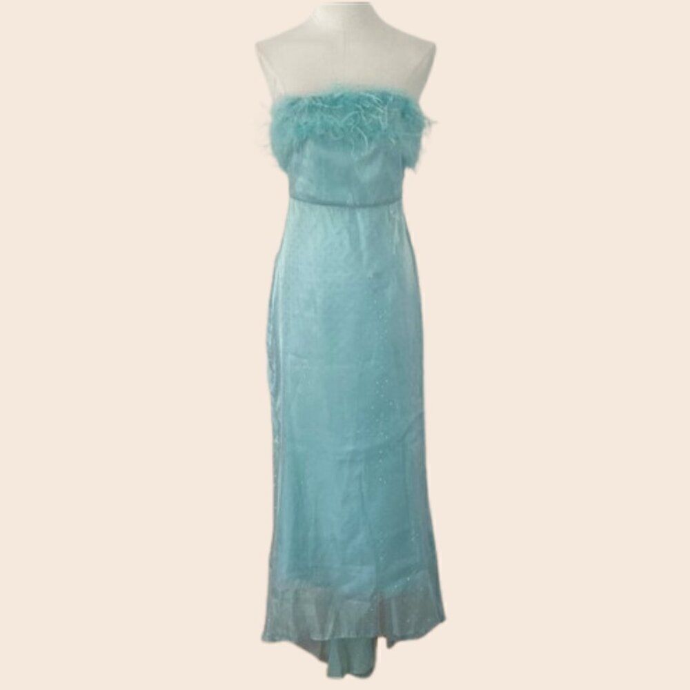 Vintage Turquoise Blue Formal Maxi Dress with Sparkles,Train, and Feathers